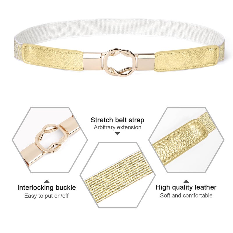 WERFORU Women Skinny Belt for Dresses Retro Stretch Waist Belt with Gold Buckle Set of 4,Black+Brown+White+Gold - Image 2